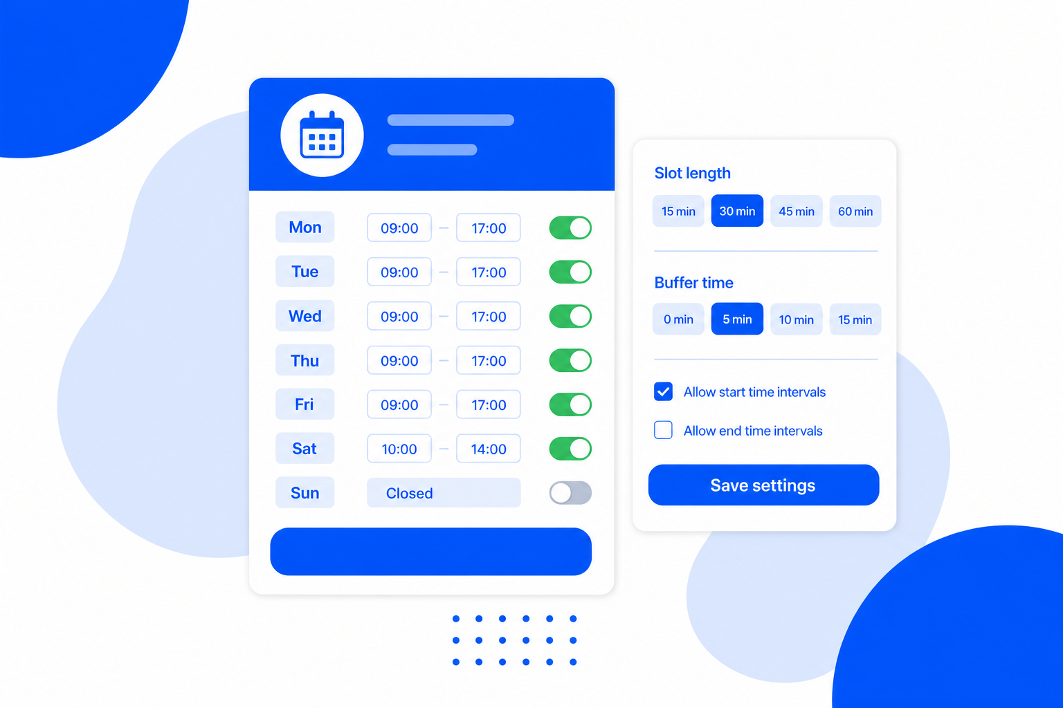 A weekly availability scheduler with day hours, toggles, slot length and buffer settings