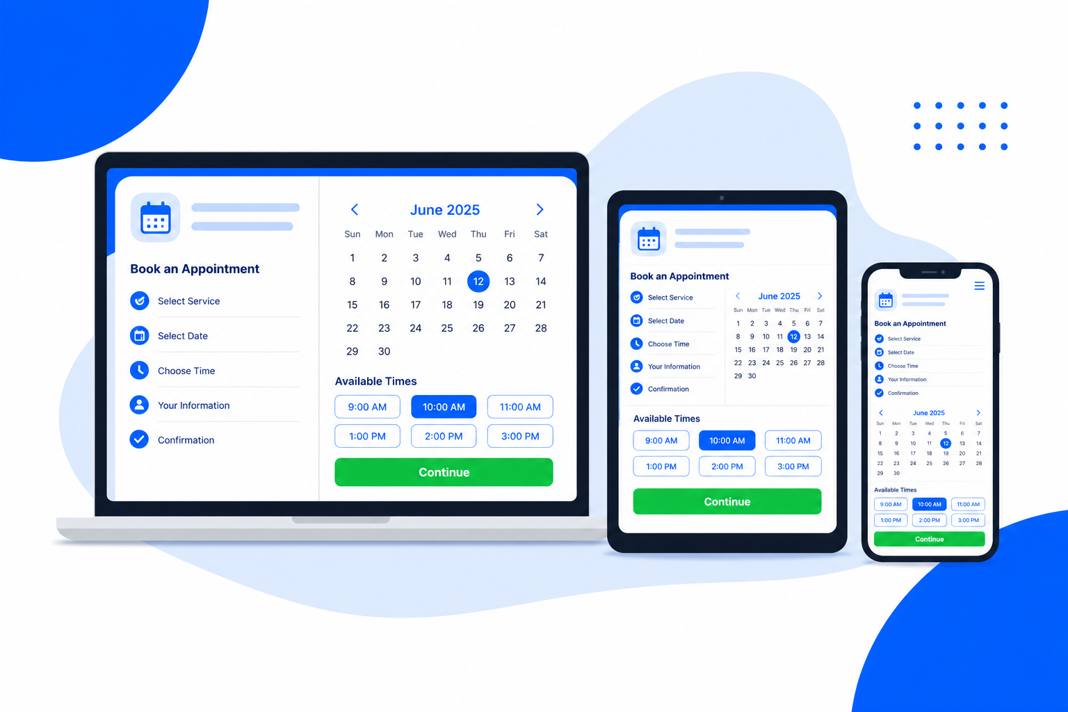 An appointment booking page shown on phone, tablet and laptop