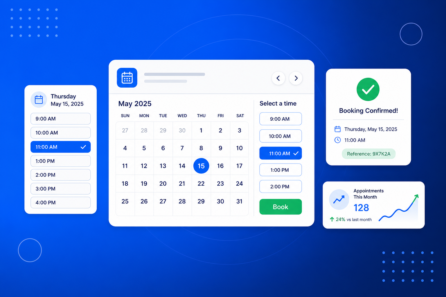 An appointment booking page on a phone with a calendar, available time slots and a confirmed booking