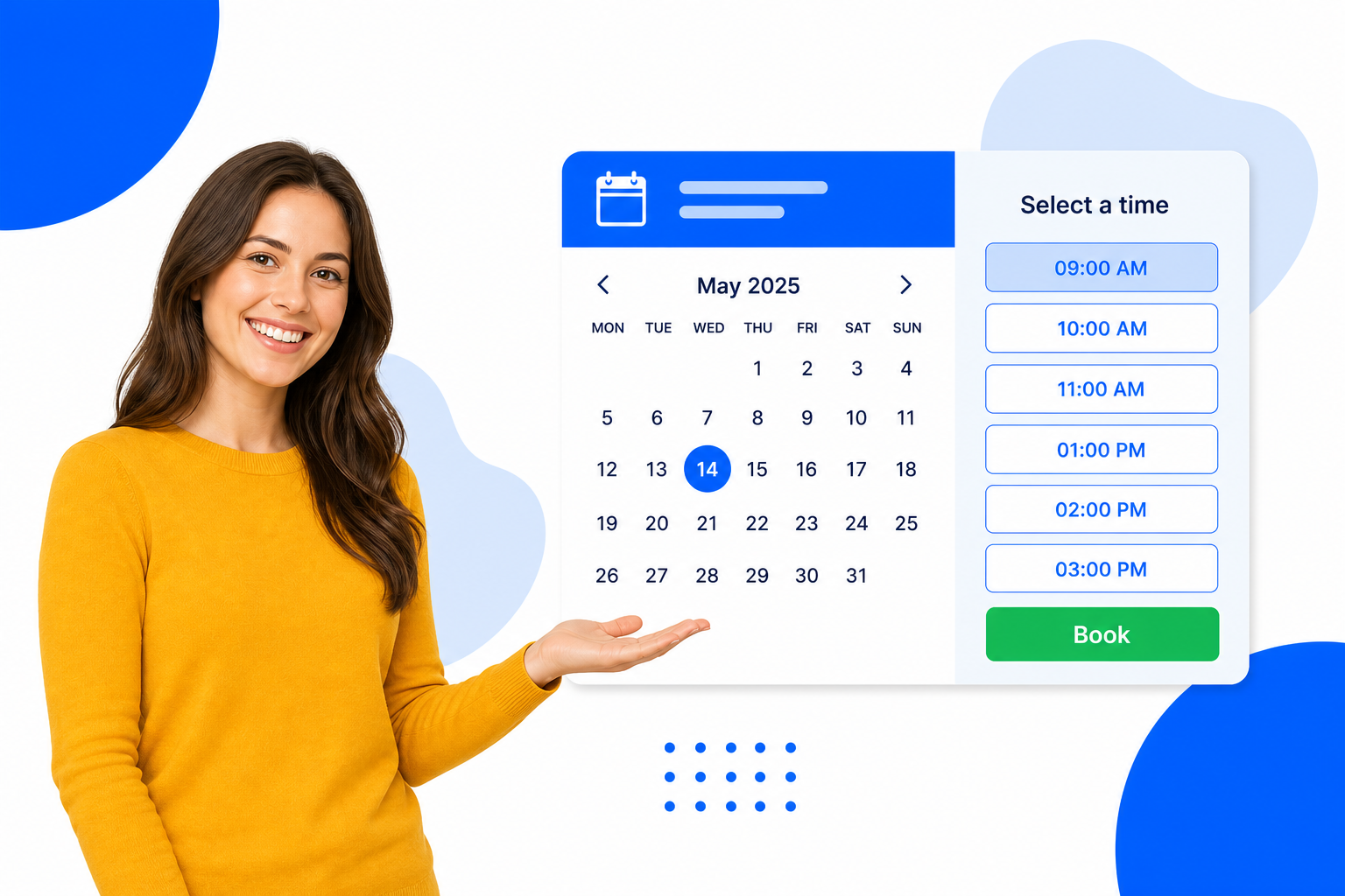 A person next to an online booking calendar with selectable time slots and a book button