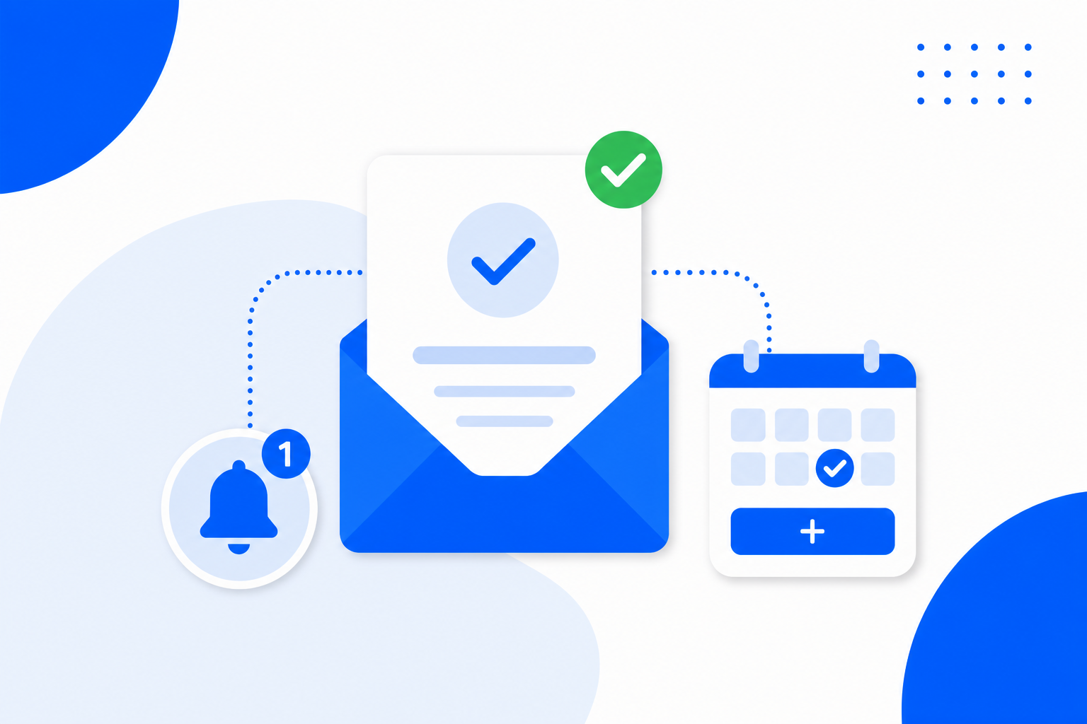 A booking confirmation email with a green check, a reminder bell and an add-to-calendar tile