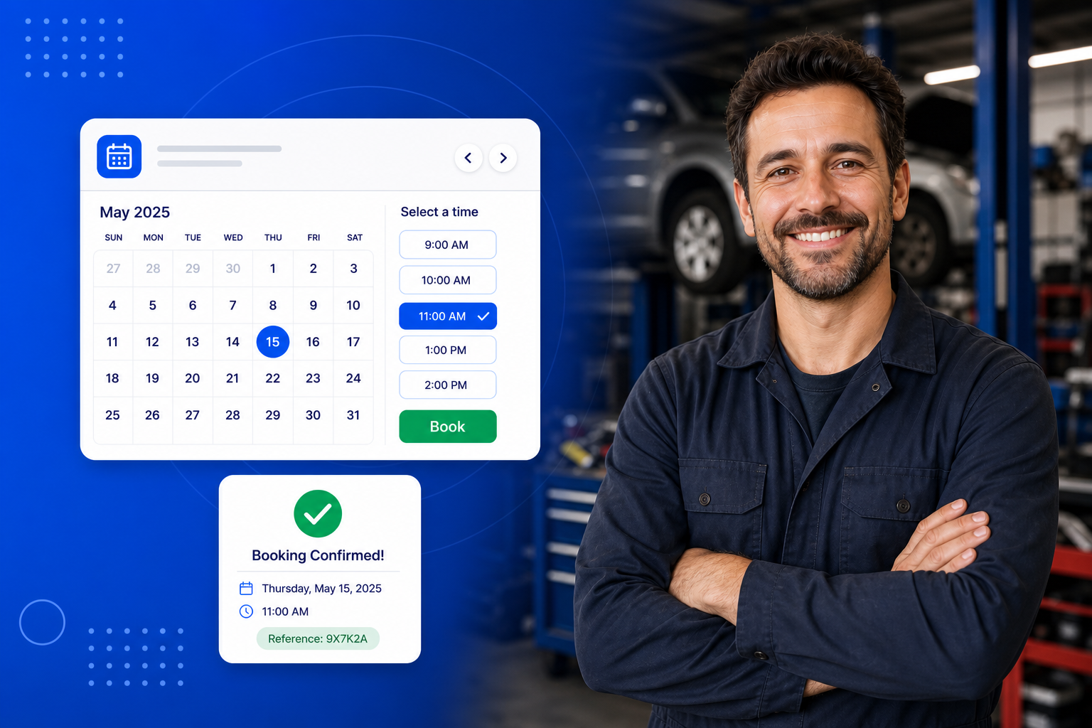 Auto Repair Scheduling Software shown on a phone with a calendar, available time slots and a confirmed booking