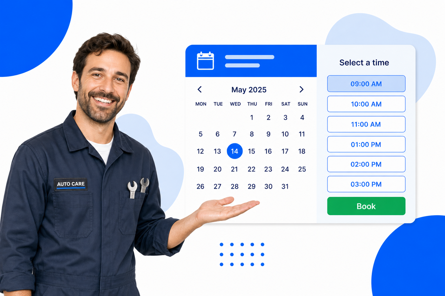 A Auto Repair Shops booking page with selectable time slots and a book button