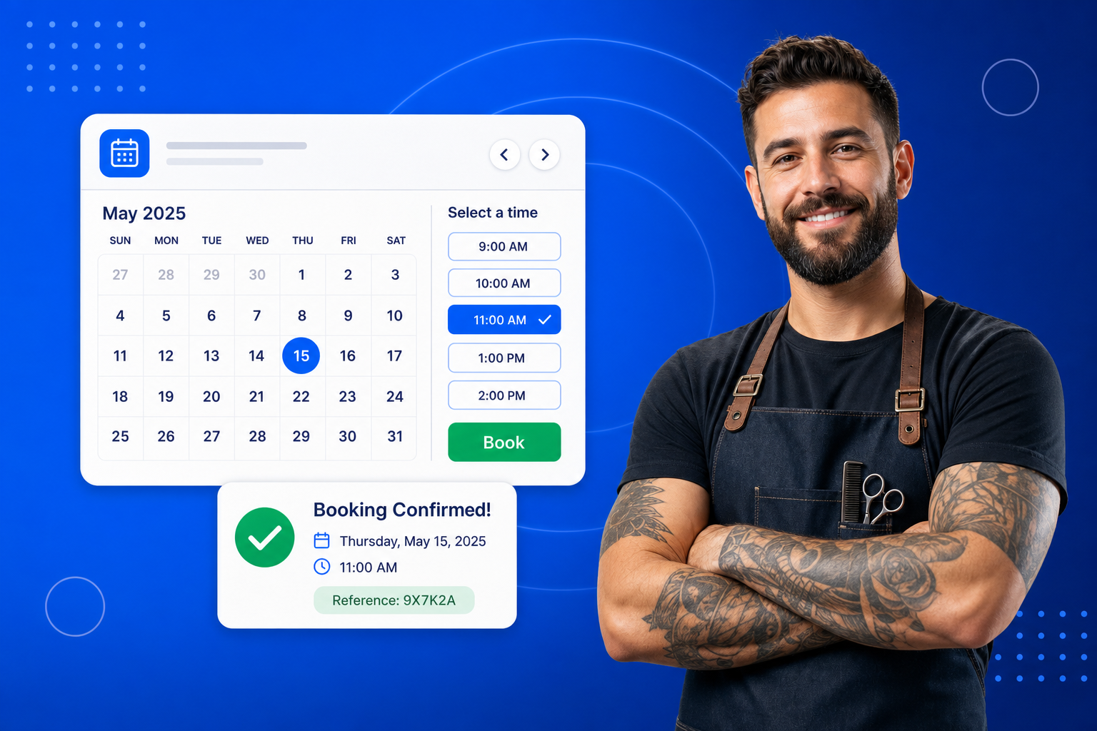 Barber Booking App shown on a phone with a calendar, available time slots and a confirmed booking