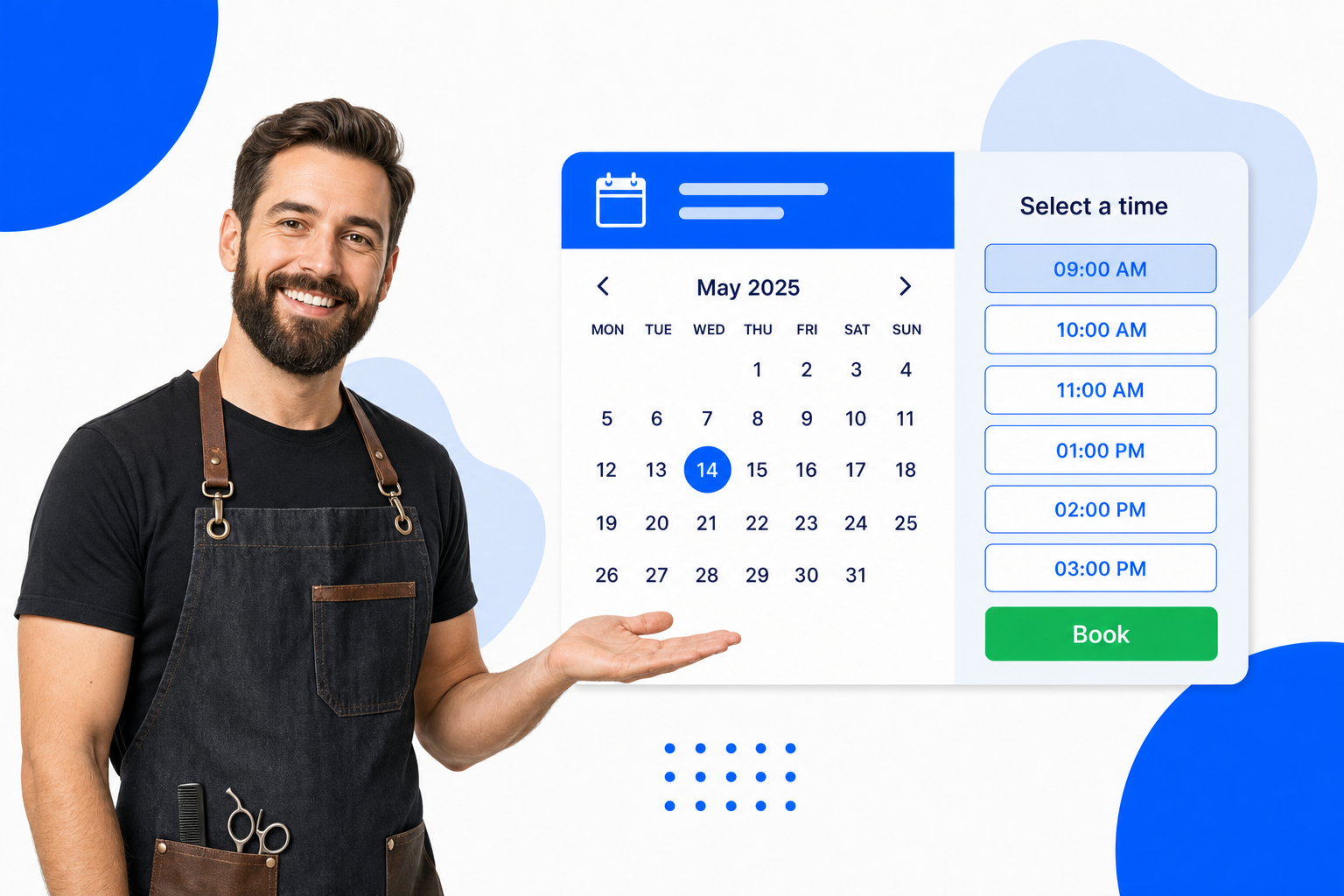 A Barbershops booking page with selectable time slots and a book button