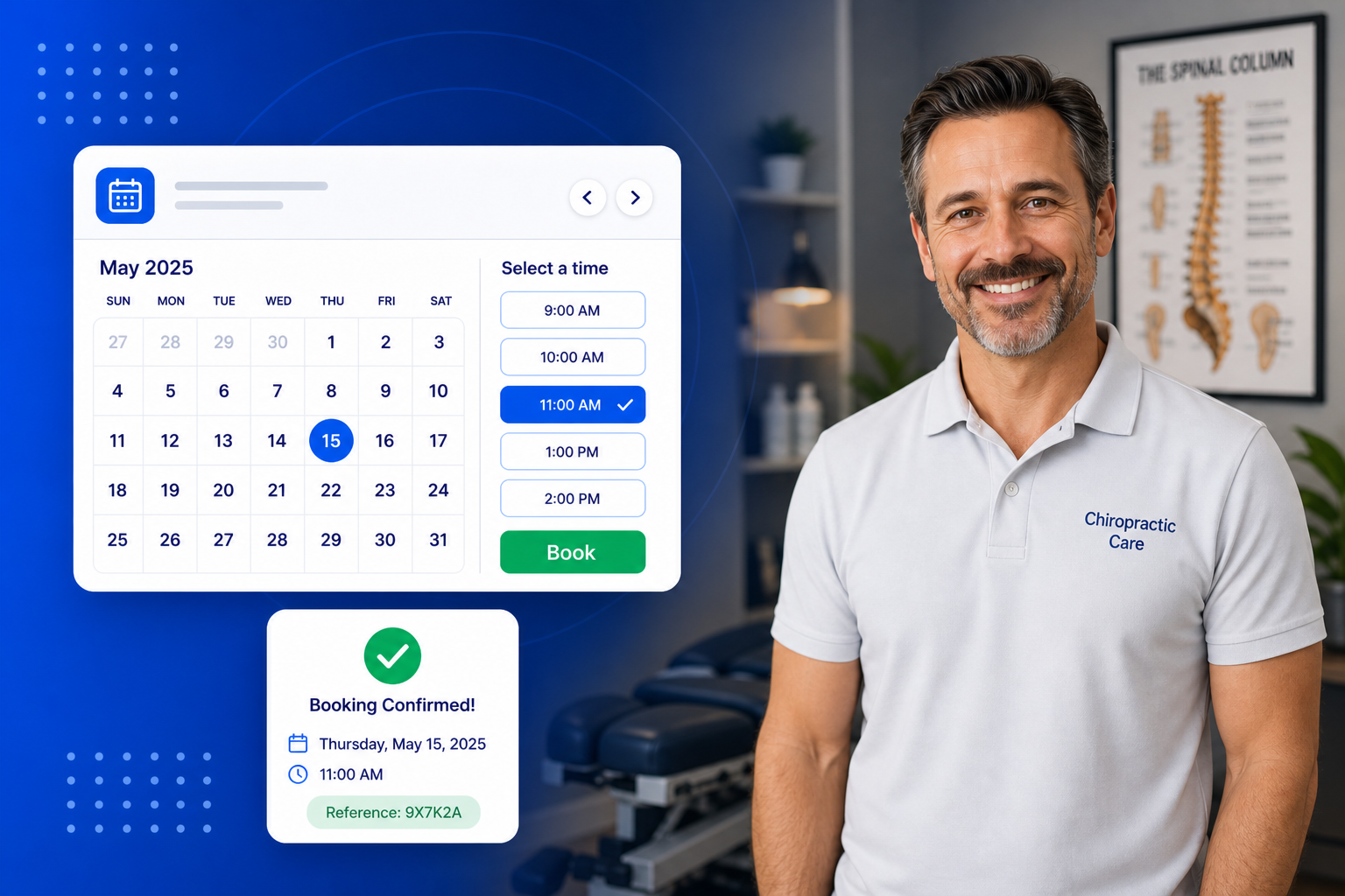 Chiropractor Scheduling Software shown on a phone with a calendar, available time slots and a confirmed booking