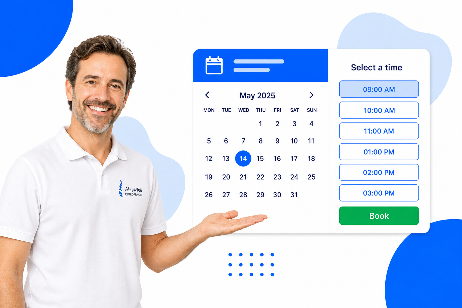 A Chiropractors booking page with selectable time slots and a book button