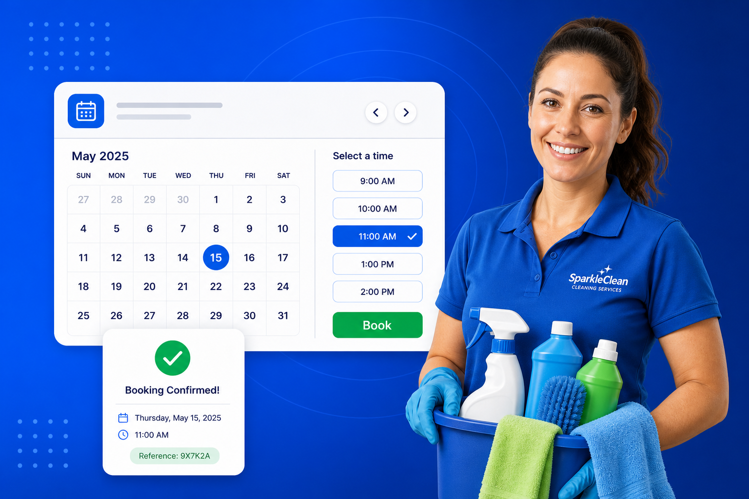 Cleaning Service Scheduling Software shown on a phone with a calendar, available time slots and a confirmed booking