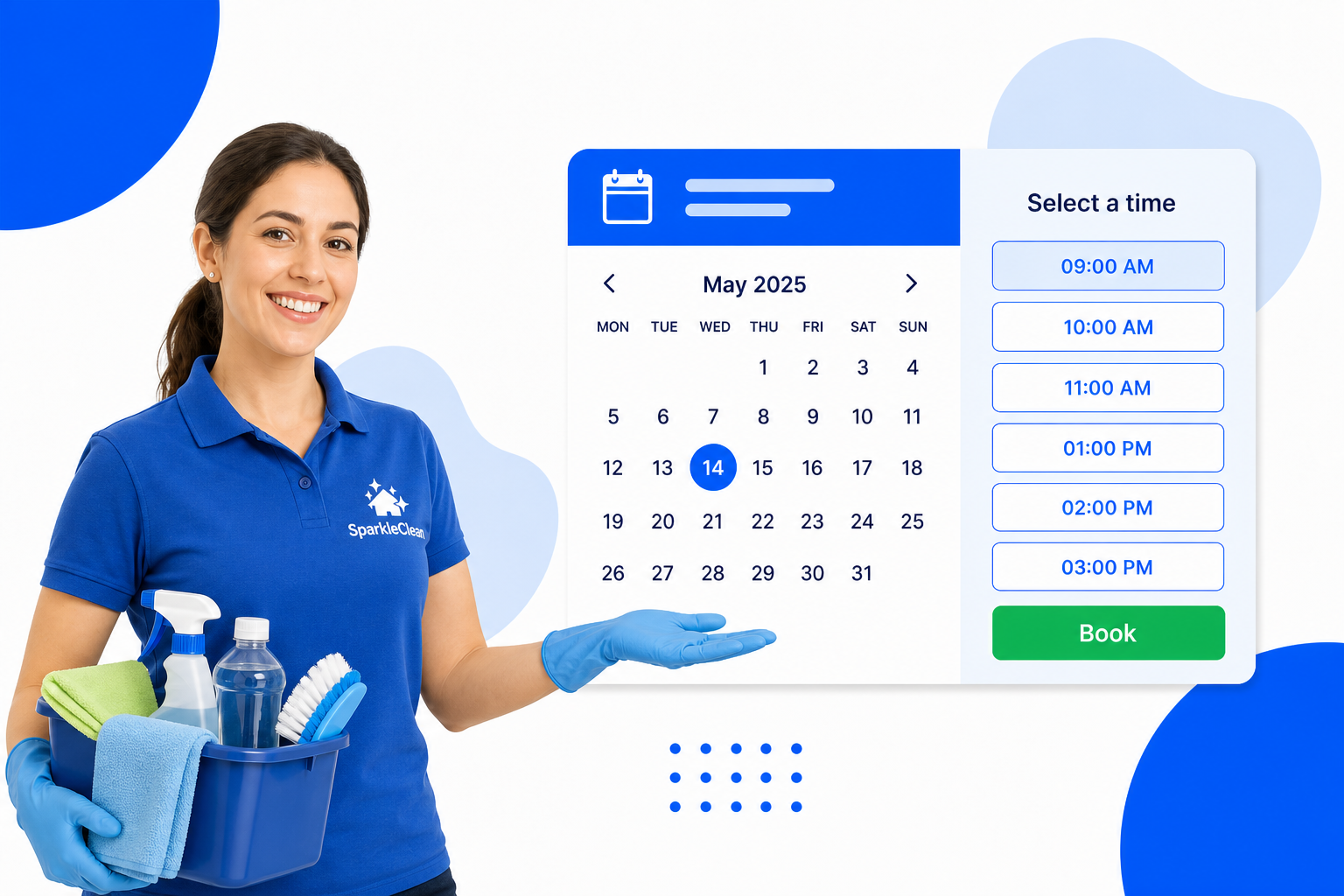 A Cleaning Services booking page with selectable time slots and a book button