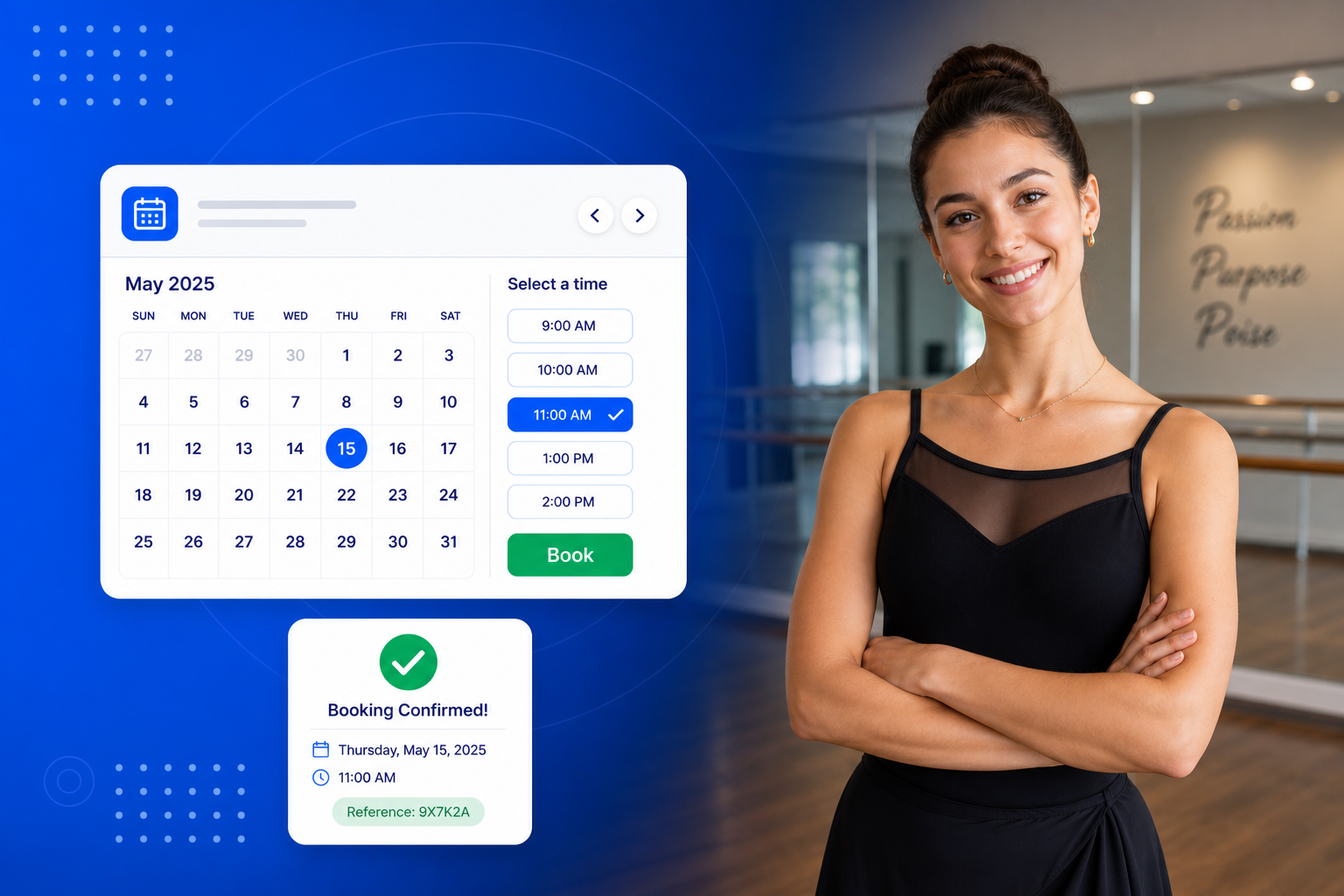 Dance Studio Scheduling Software shown on a phone with a calendar, available time slots and a confirmed booking