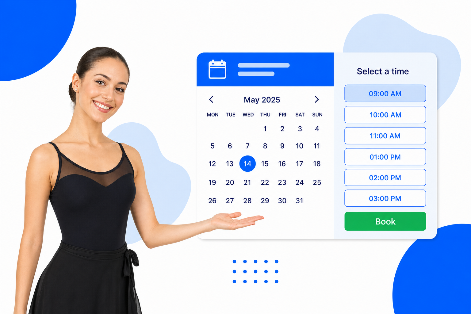 A Dance Studios booking page with selectable time slots and a book button