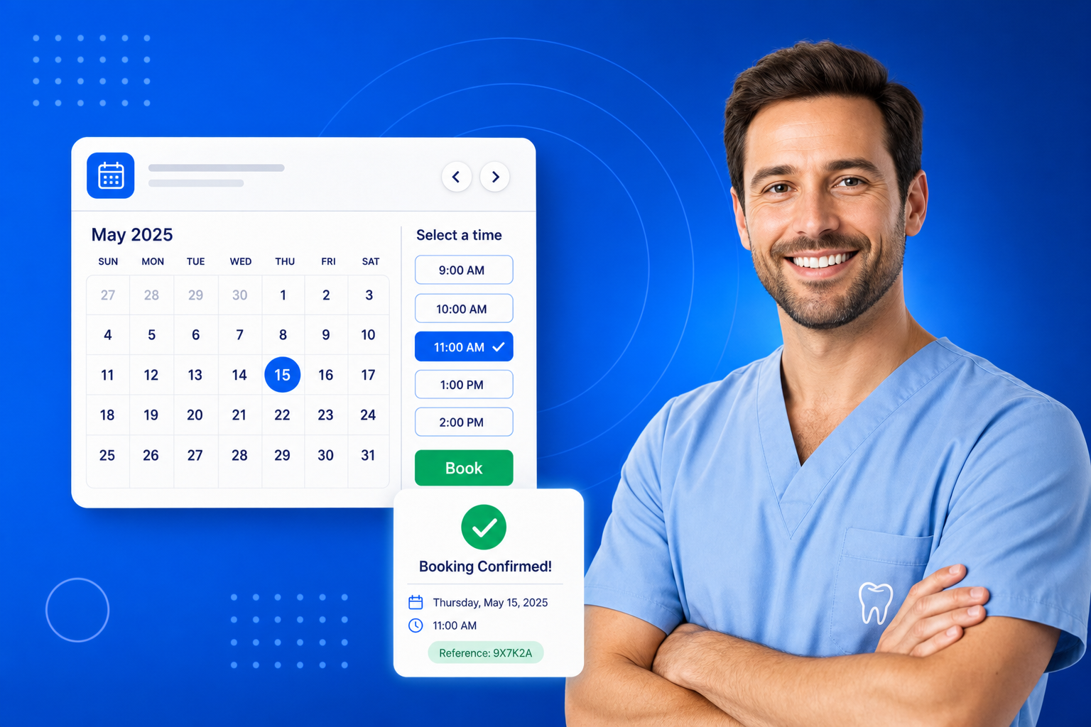 Dental Appointment Scheduling shown on a phone with a calendar, available time slots and a confirmed booking