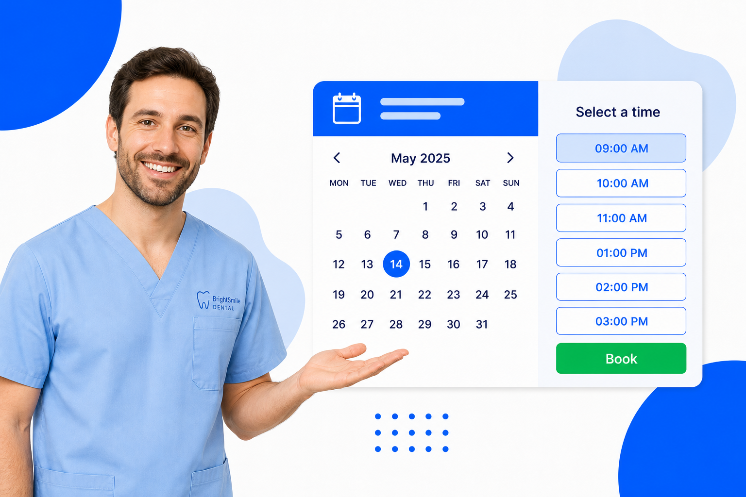 A Dental Practices booking page with selectable time slots and a book button