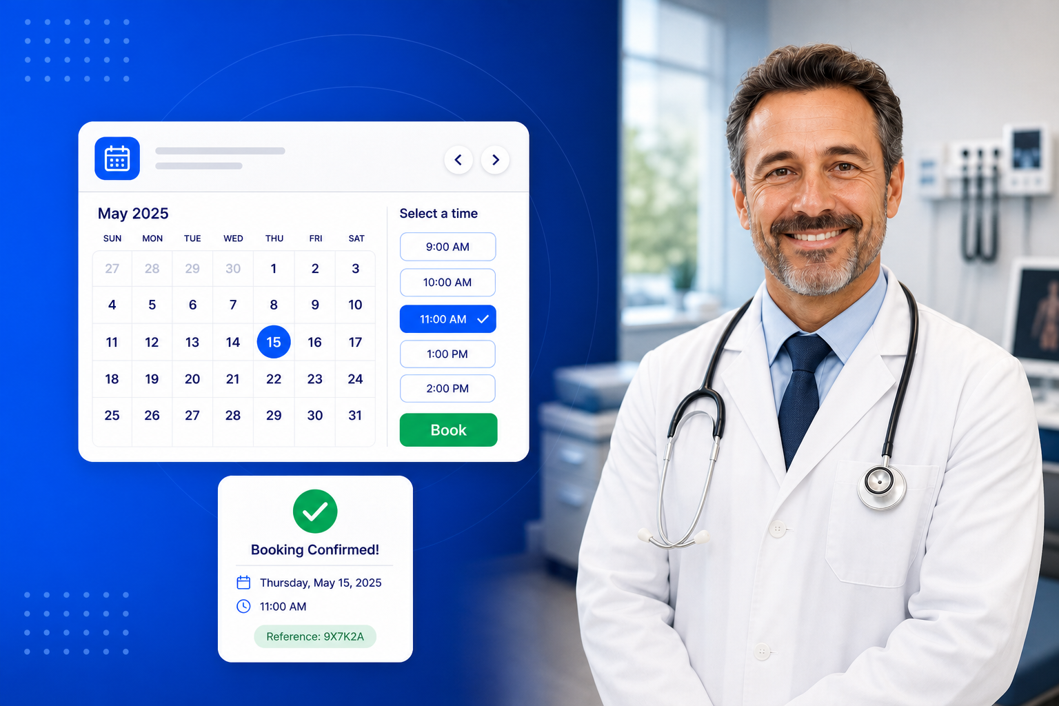 Doctor Appointment Scheduling shown on a phone with a calendar, available time slots and a confirmed booking
