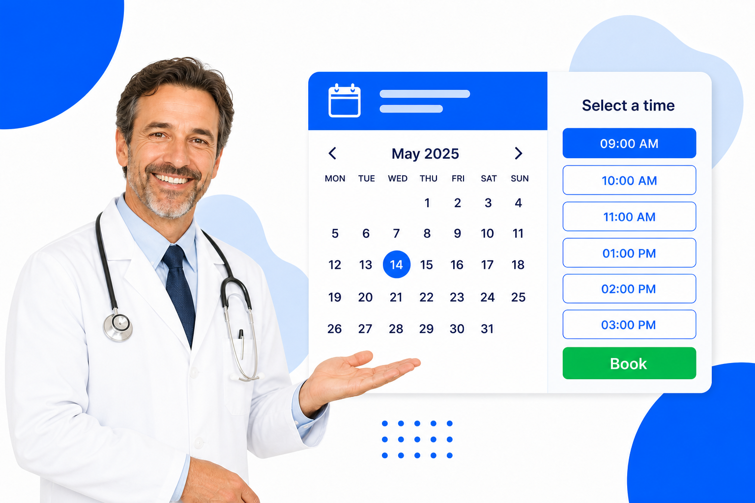 A Doctors booking page with selectable time slots and a book button