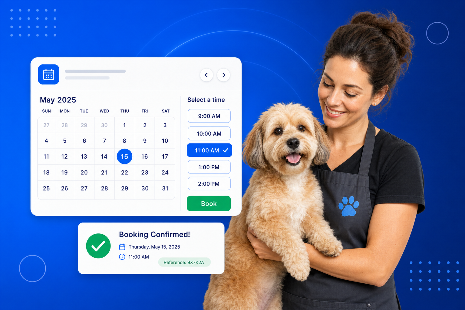 Dog Grooming Booking Software shown on a phone with a calendar, available time slots and a confirmed booking
