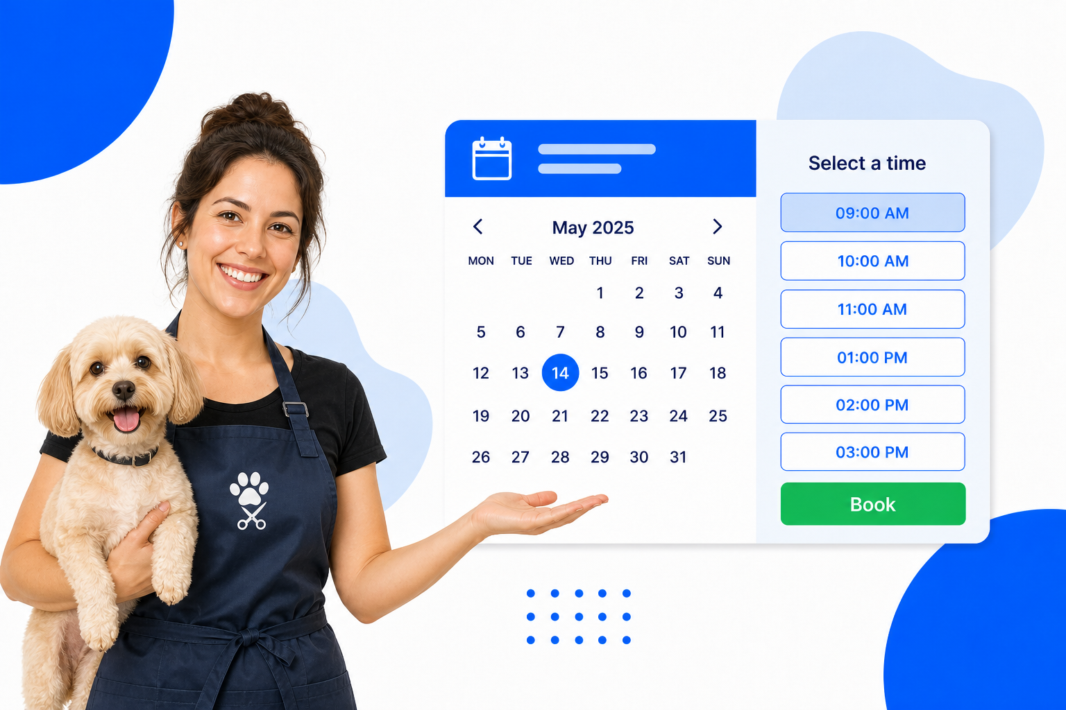 A Dog Groomers booking page with selectable time slots and a book button