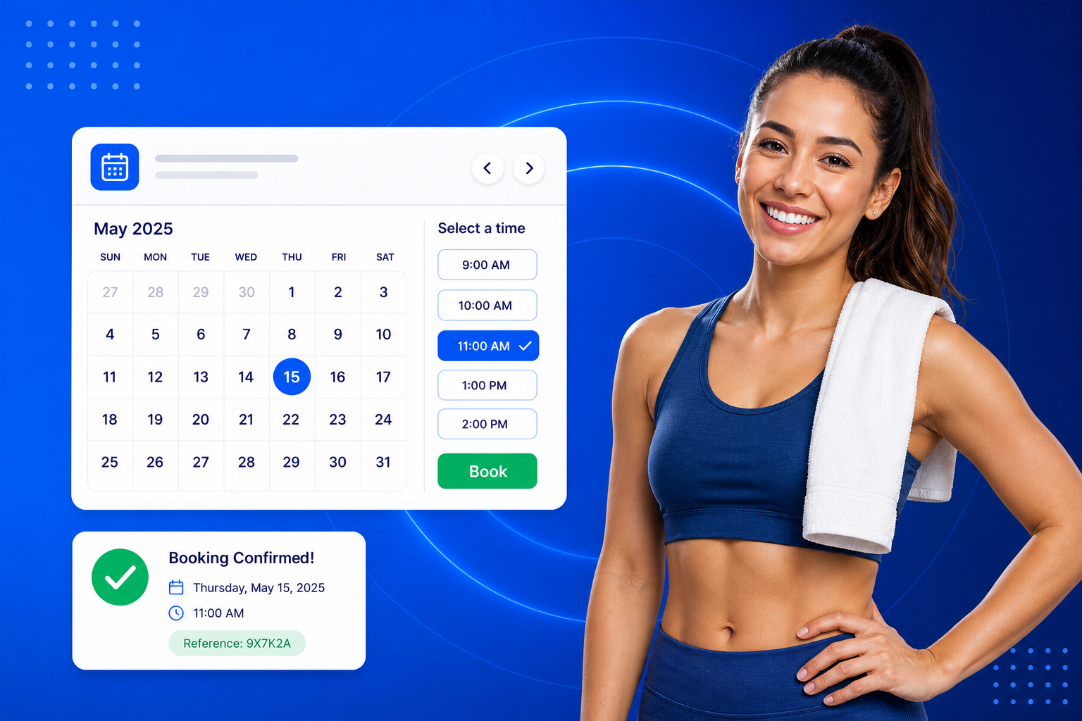 Fitness Booking Software shown on a phone with a calendar, available time slots and a confirmed booking