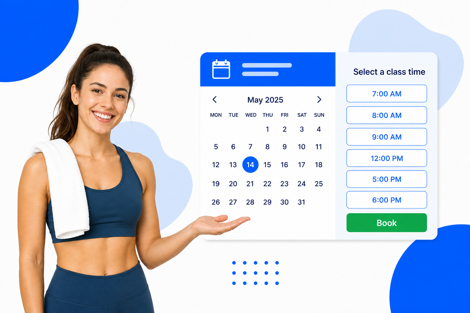 A Fitness Studios booking page with selectable time slots and a book button
