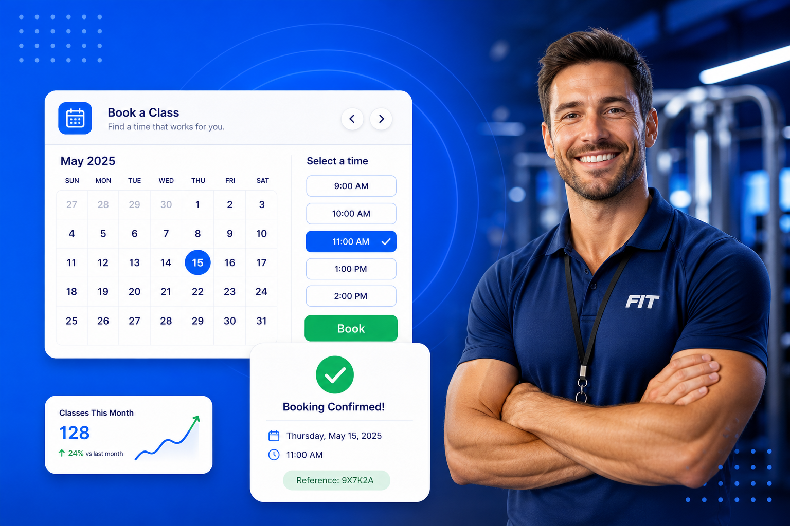 Gym Scheduling & Booking Software shown on a phone with a calendar, available time slots and a confirmed booking