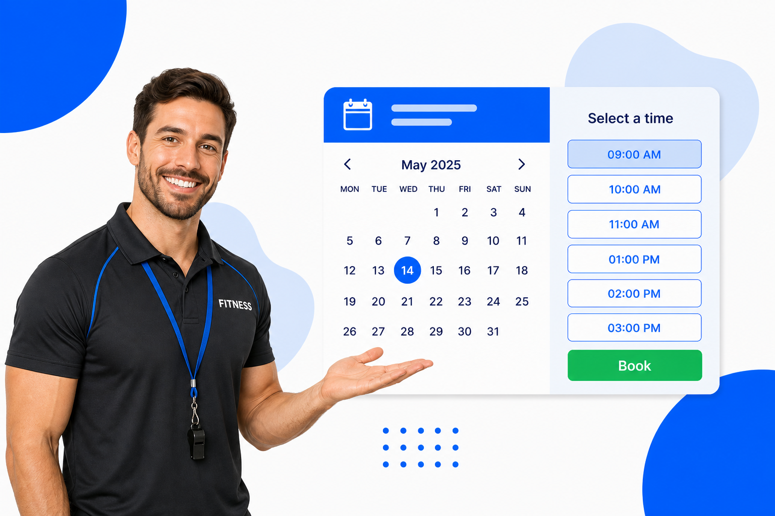 A Gyms booking page with selectable time slots and a book button