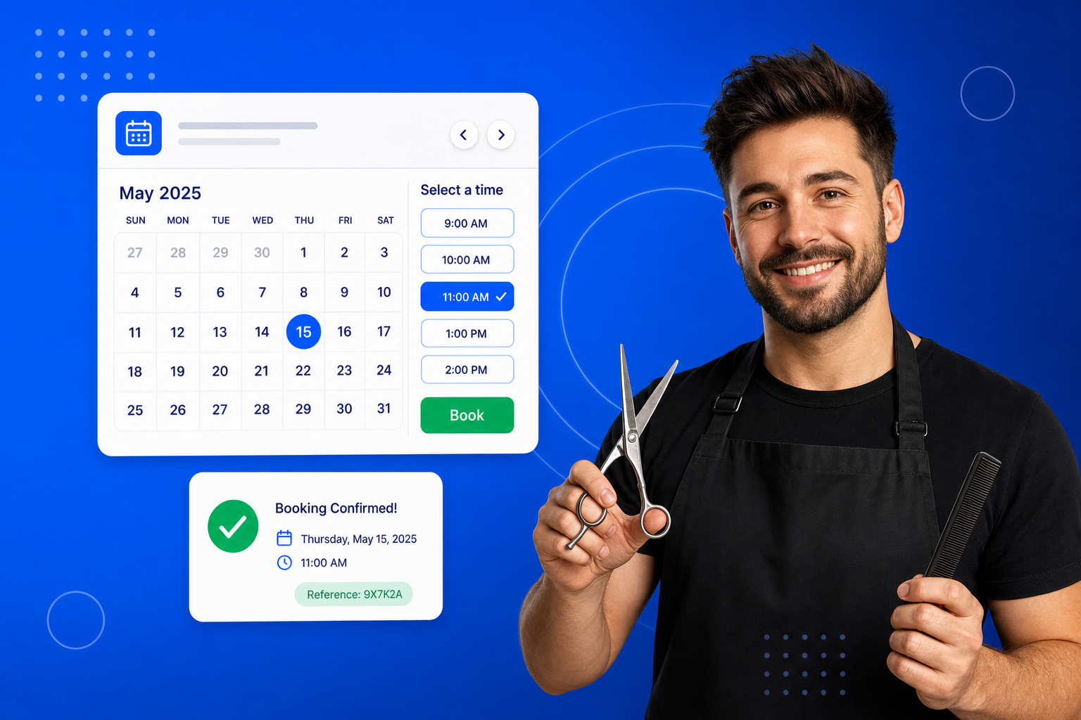 Hair Salon Booking Software shown on a phone with a calendar, available time slots and a confirmed booking