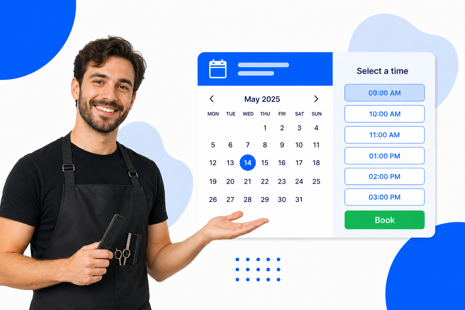 A Hair Salons booking page with selectable time slots and a book button