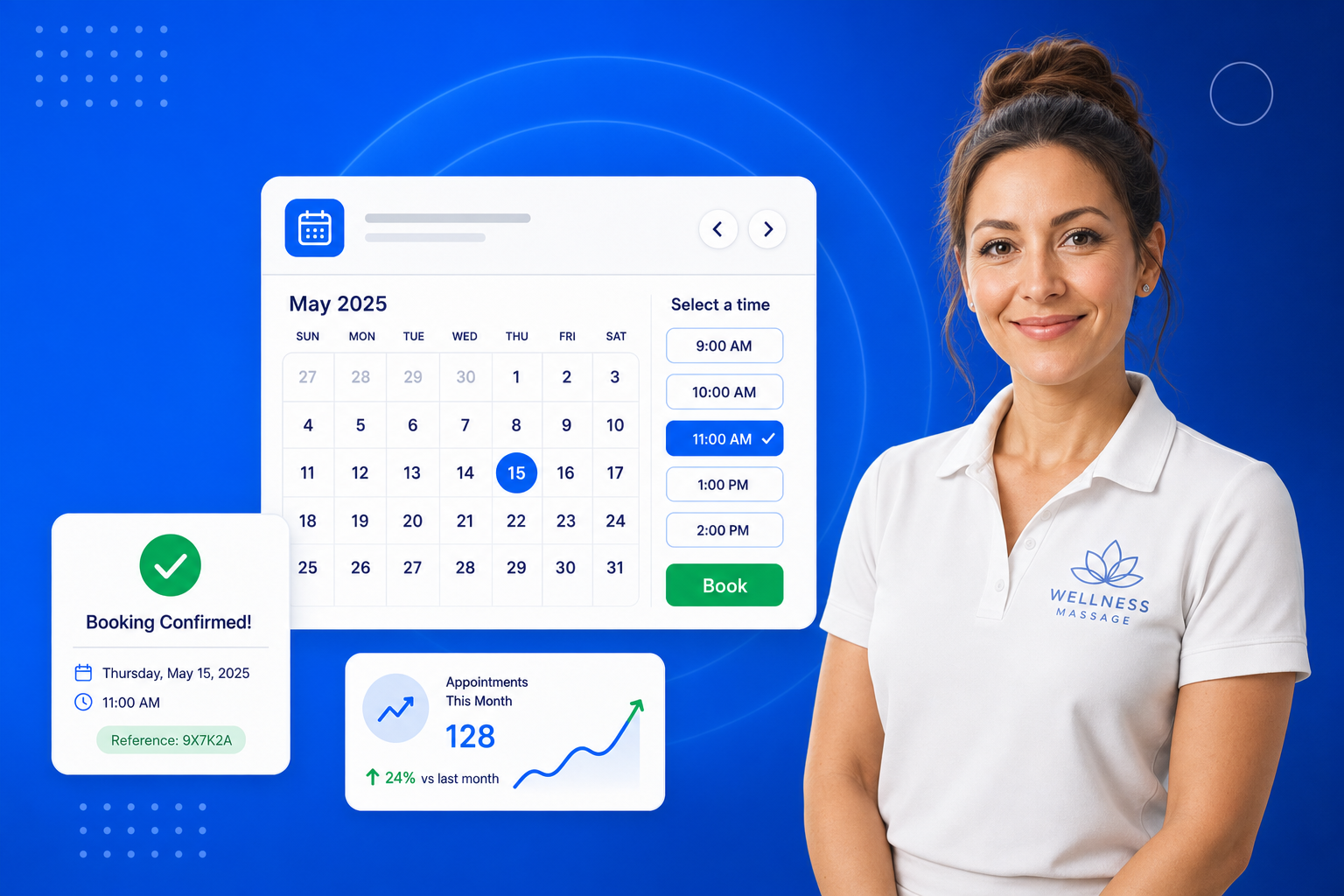 Massage Booking Software shown on a phone with a calendar, available time slots and a confirmed booking