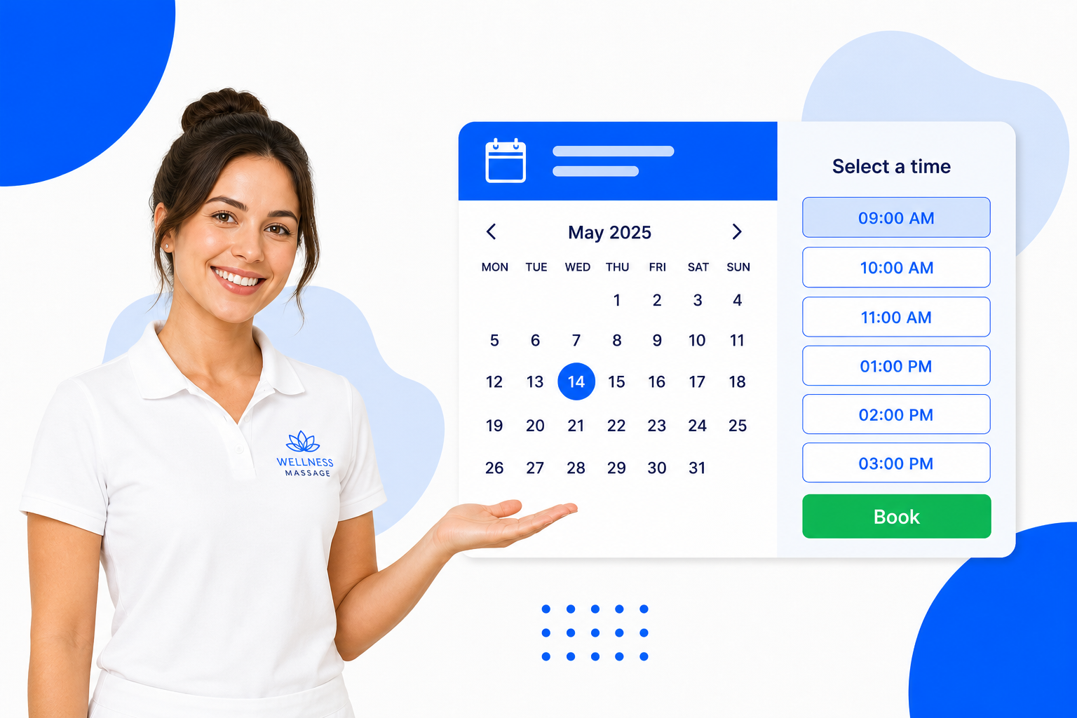 A Massage Therapists booking page with selectable time slots and a book button