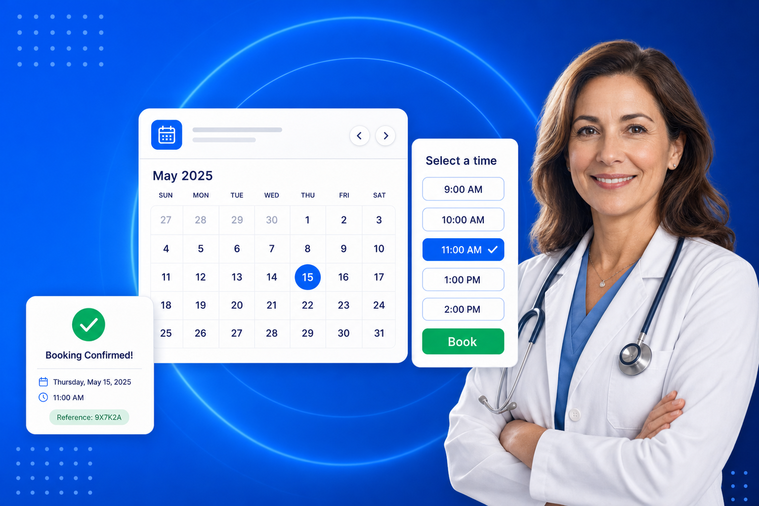Medical Scheduling Software shown on a phone with a calendar, available time slots and a confirmed booking