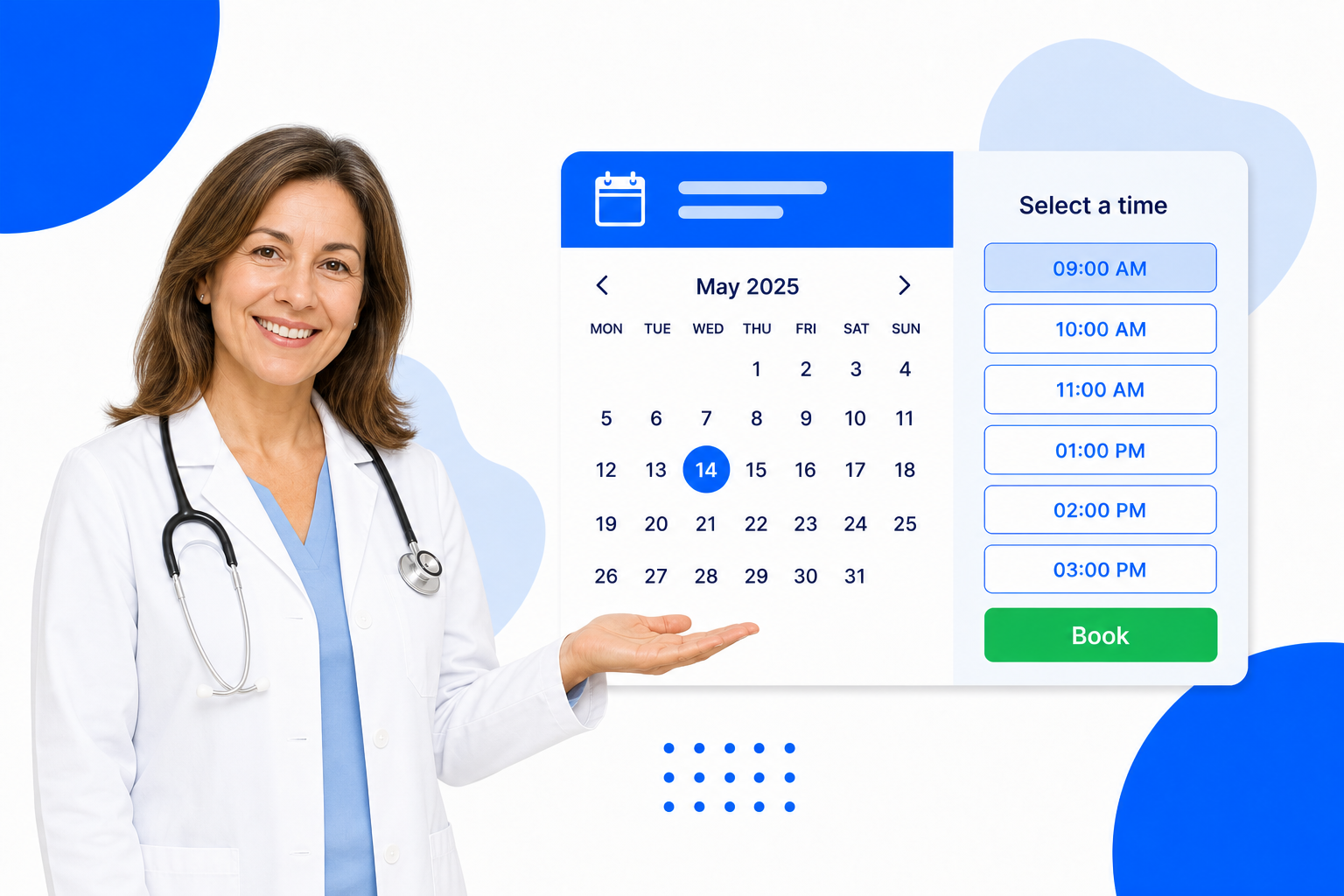 A Medical Practices booking page with selectable time slots and a book button