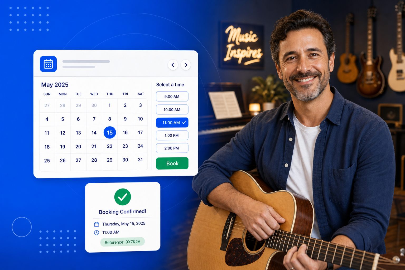 Music Lesson Booking Software shown on a phone with a calendar, available time slots and a confirmed booking