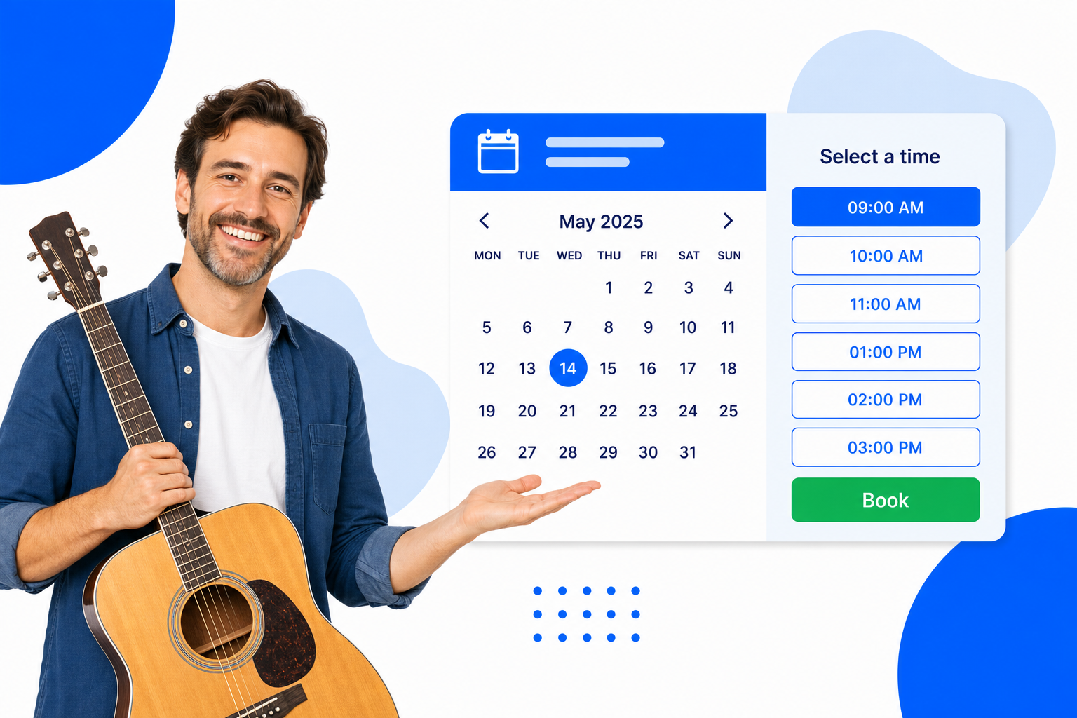A Music Teachers booking page with selectable time slots and a book button