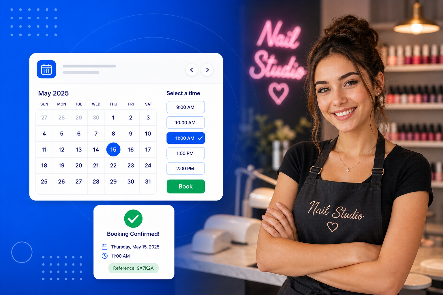 Nail Salon Booking Software shown on a phone with a calendar, available time slots and a confirmed booking