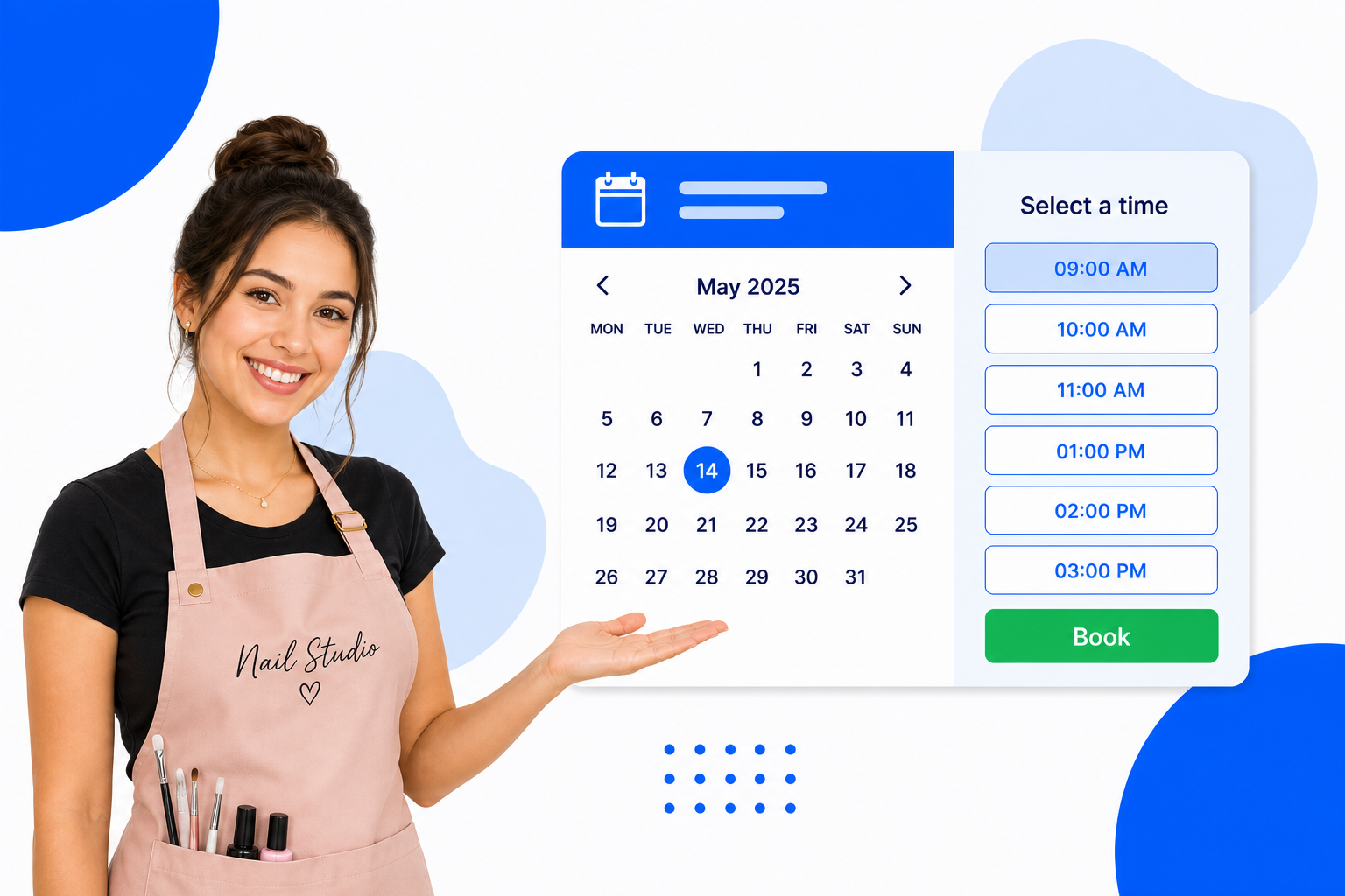 A Nail Salons booking page with selectable time slots and a book button