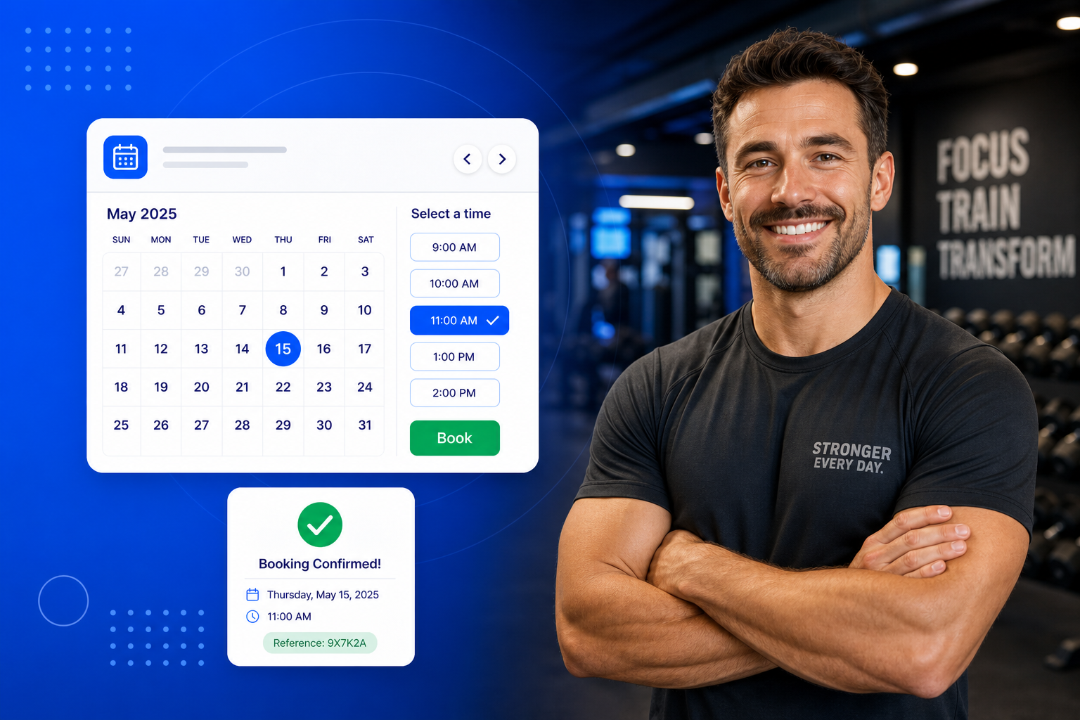 Personal Trainer Scheduling Software shown on a phone with a calendar, available time slots and a confirmed booking