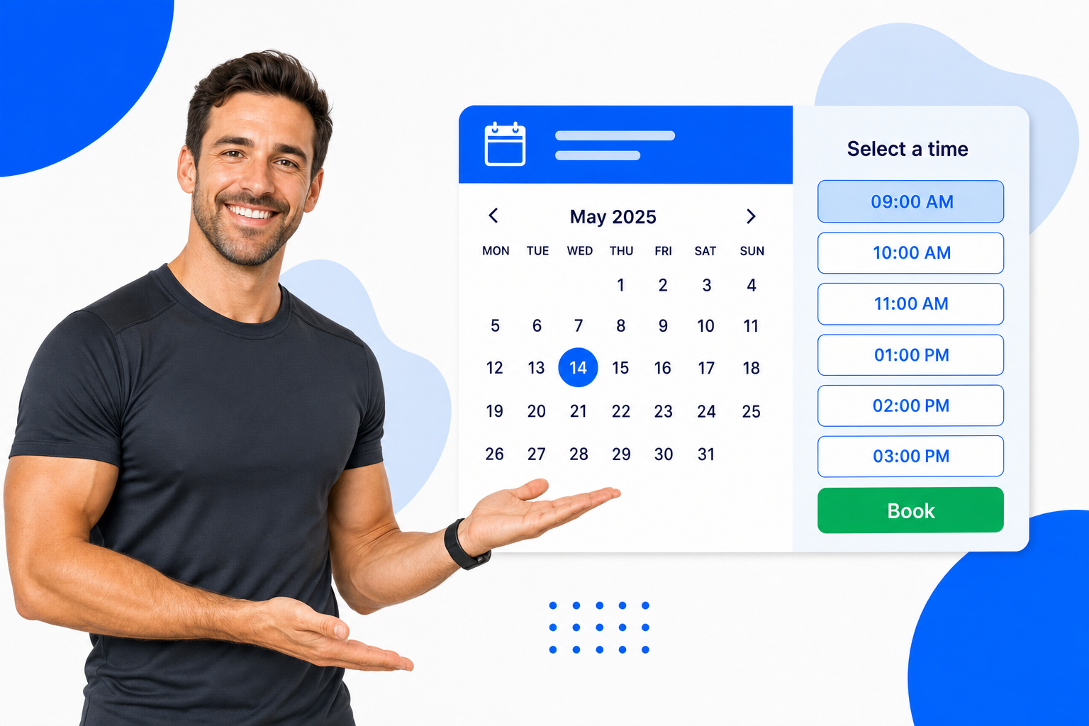 A Personal Trainers booking page with selectable time slots and a book button