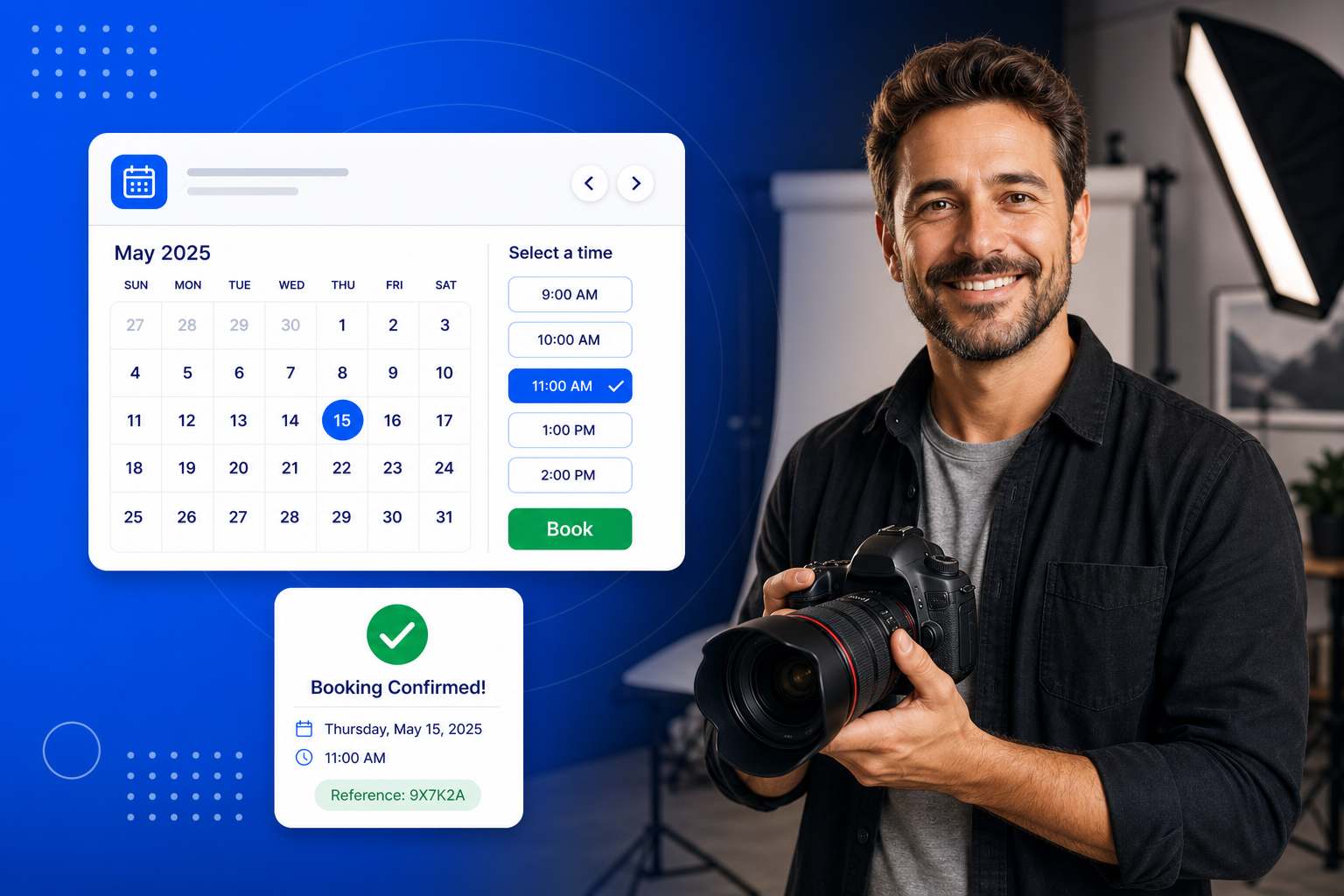 Photography Booking Software shown on a phone with a calendar, available time slots and a confirmed booking