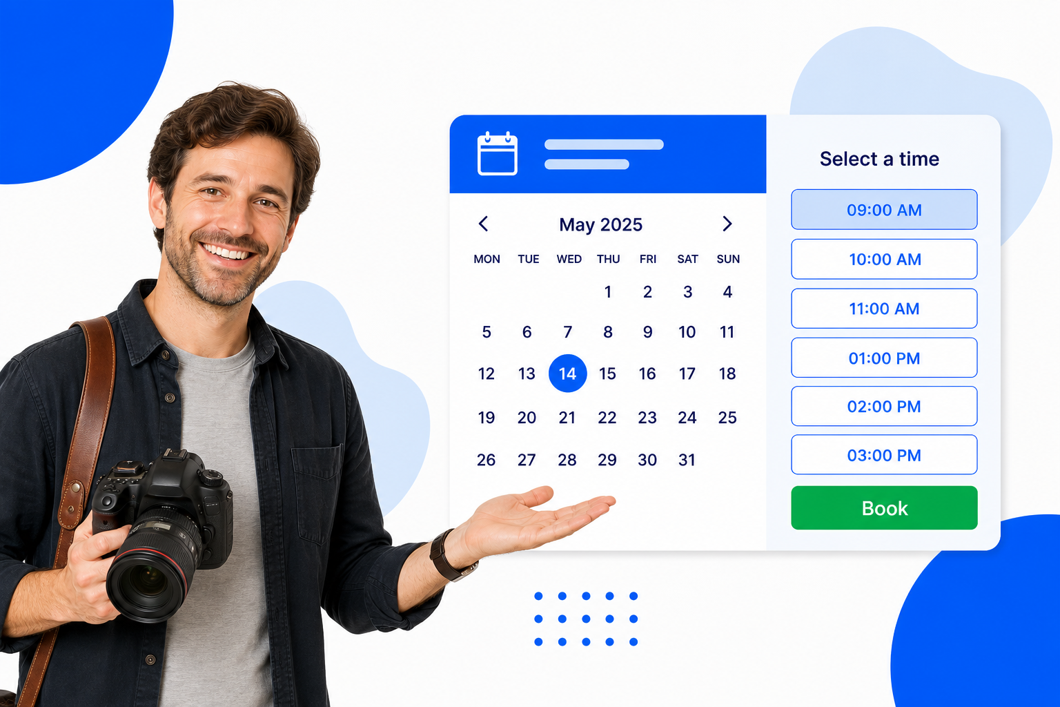 A Photographers booking page with selectable time slots and a book button