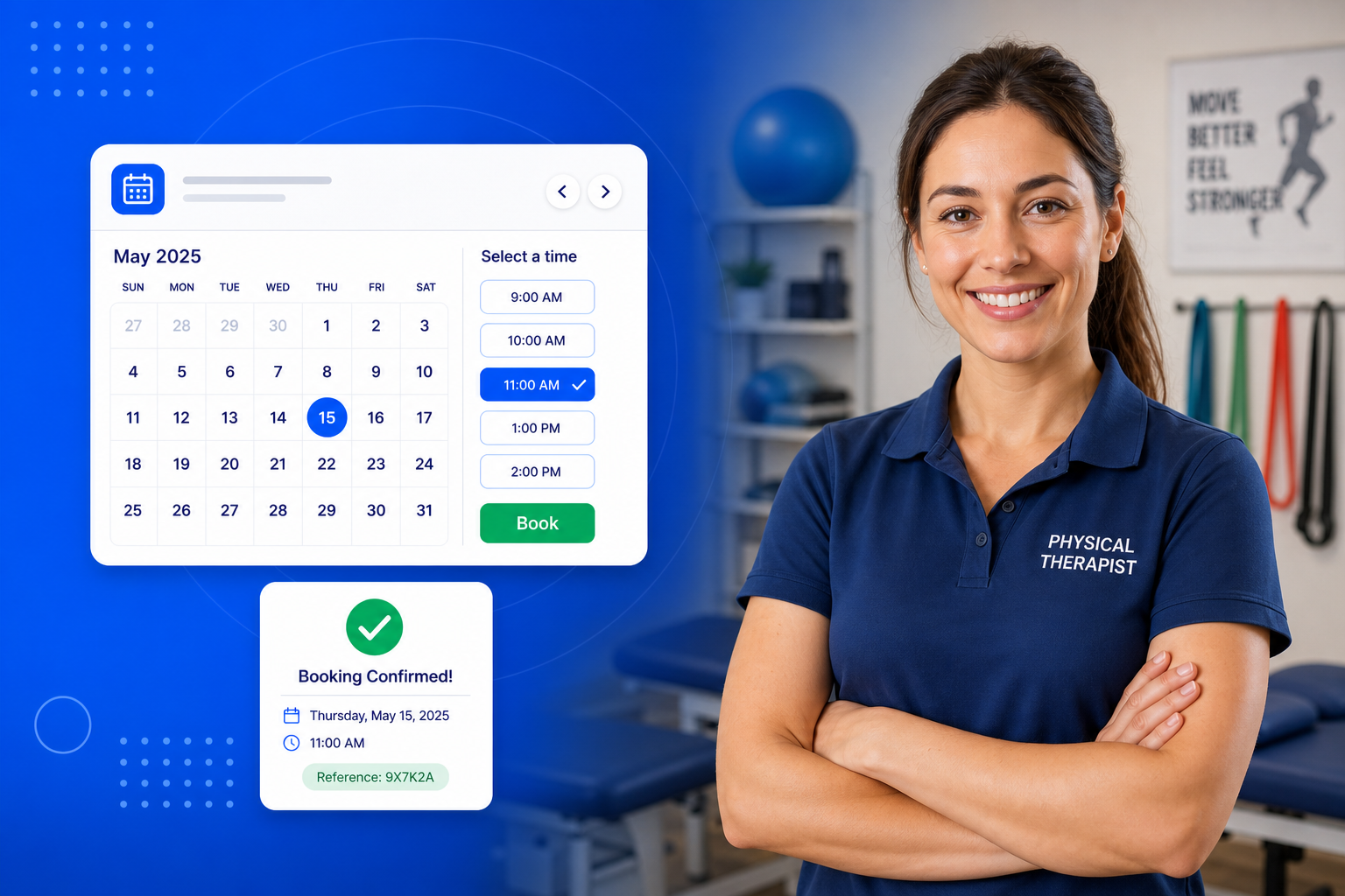 Physical Therapy Scheduling Software shown on a phone with a calendar, available time slots and a confirmed booking