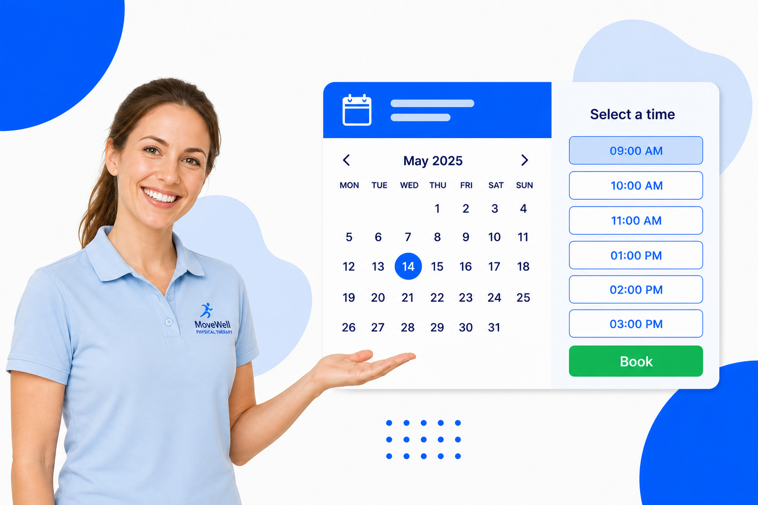 A Physical Therapy Clinics booking page with selectable time slots and a book button