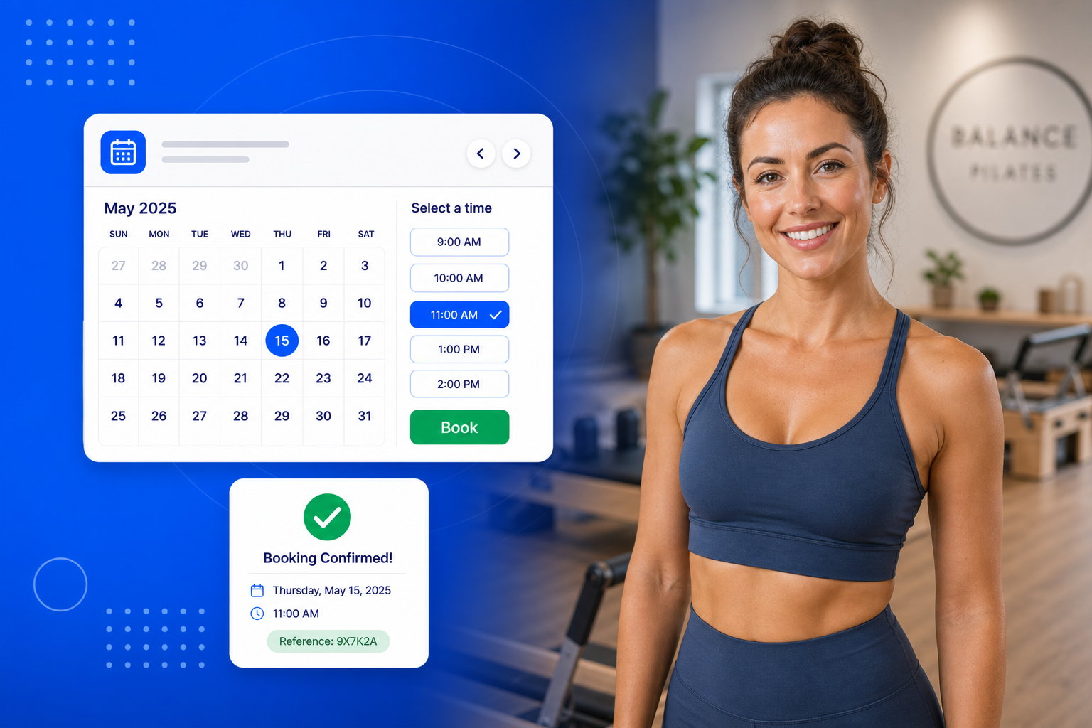 Pilates Booking Software shown on a phone with a calendar, available time slots and a confirmed booking
