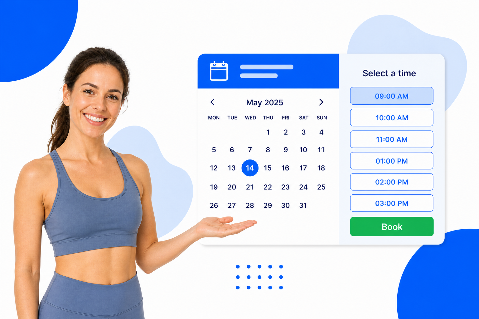A Pilates Studios booking page with selectable time slots and a book button