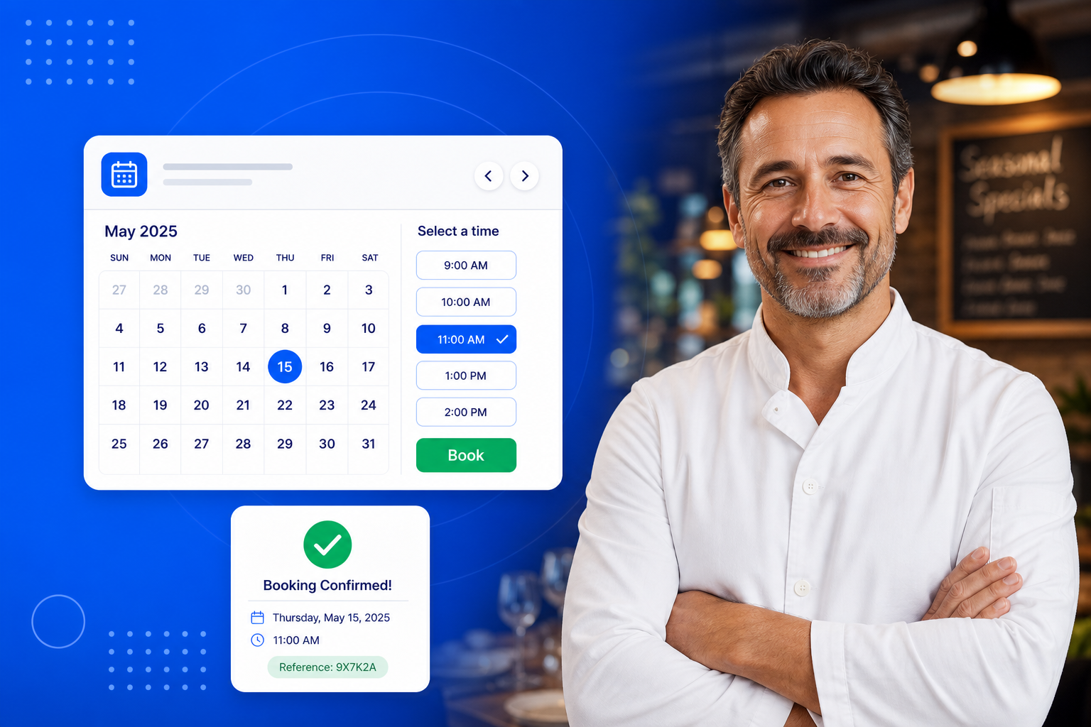 Restaurant Booking & Reservation Software shown on a phone with a calendar, available time slots and a confirmed booking