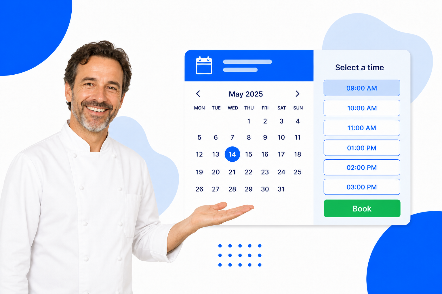A Restaurants booking page with selectable time slots and a book button