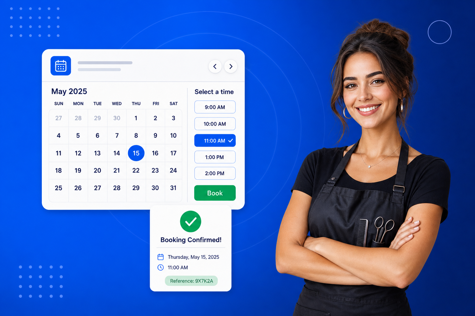 Salon Booking Software shown on a phone with a calendar, available time slots and a confirmed booking