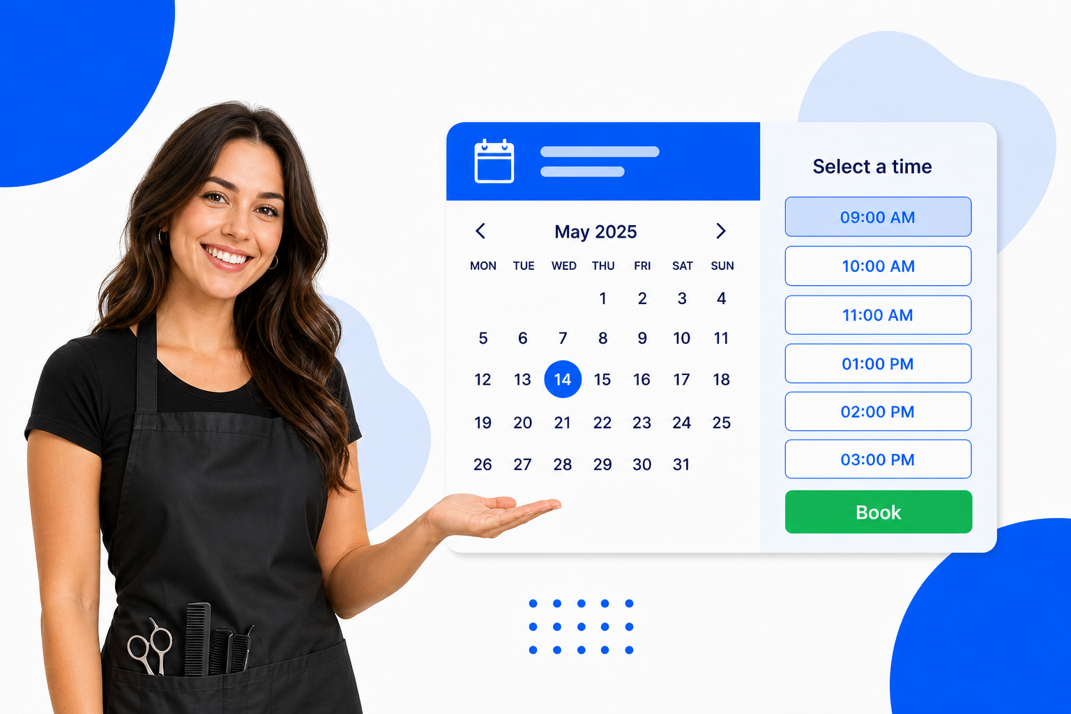 A Salons booking page with selectable time slots and a book button