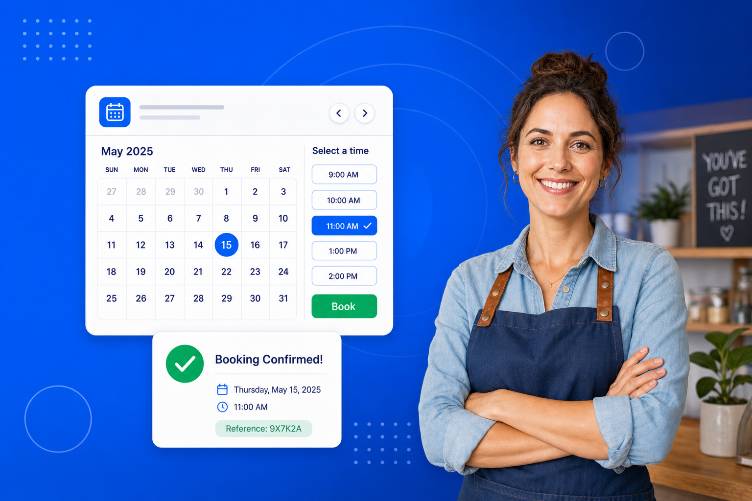 Scheduling Software for Small Business shown on a phone with a calendar, available time slots and a confirmed booking
