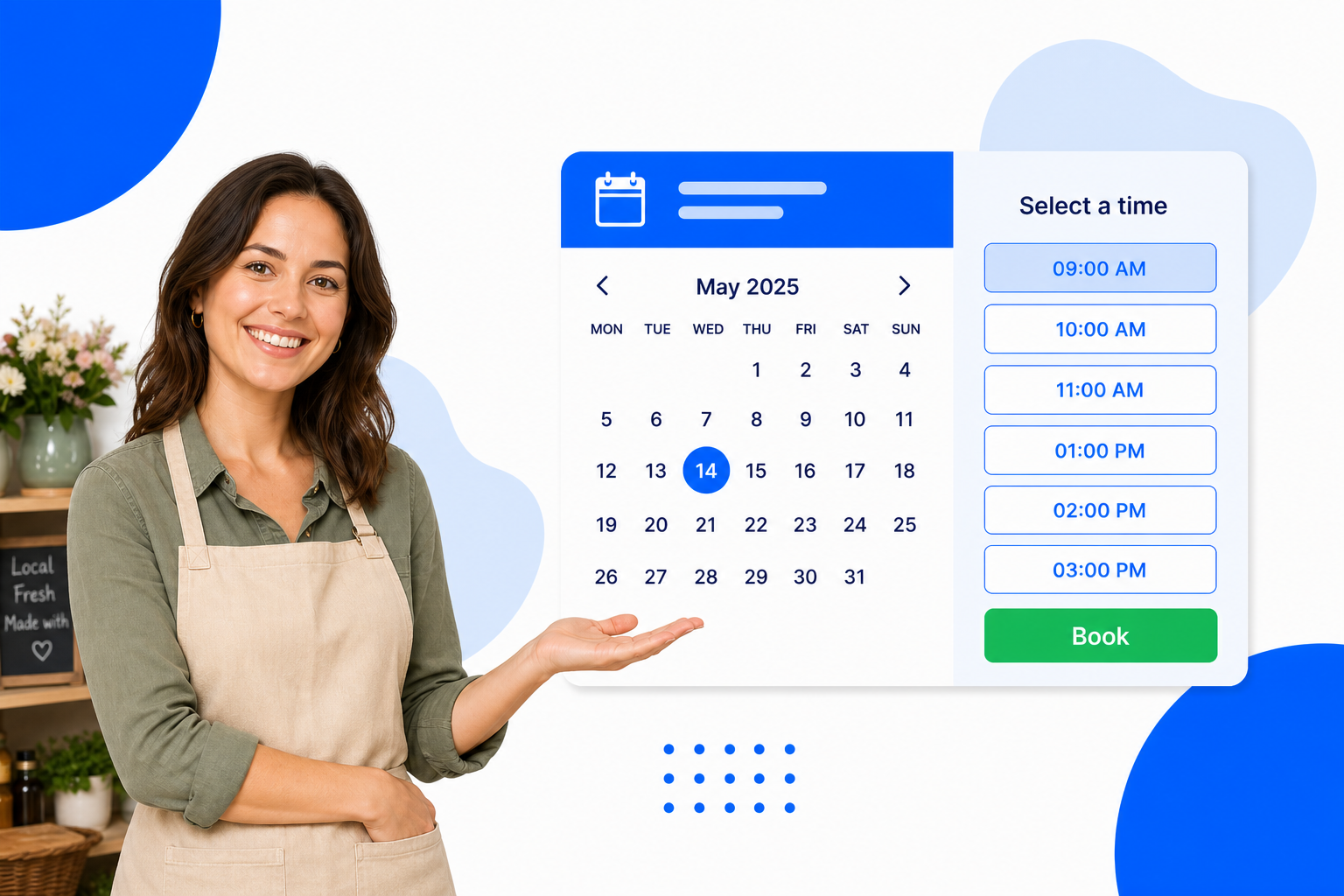 A Small Businesses booking page with selectable time slots and a book button