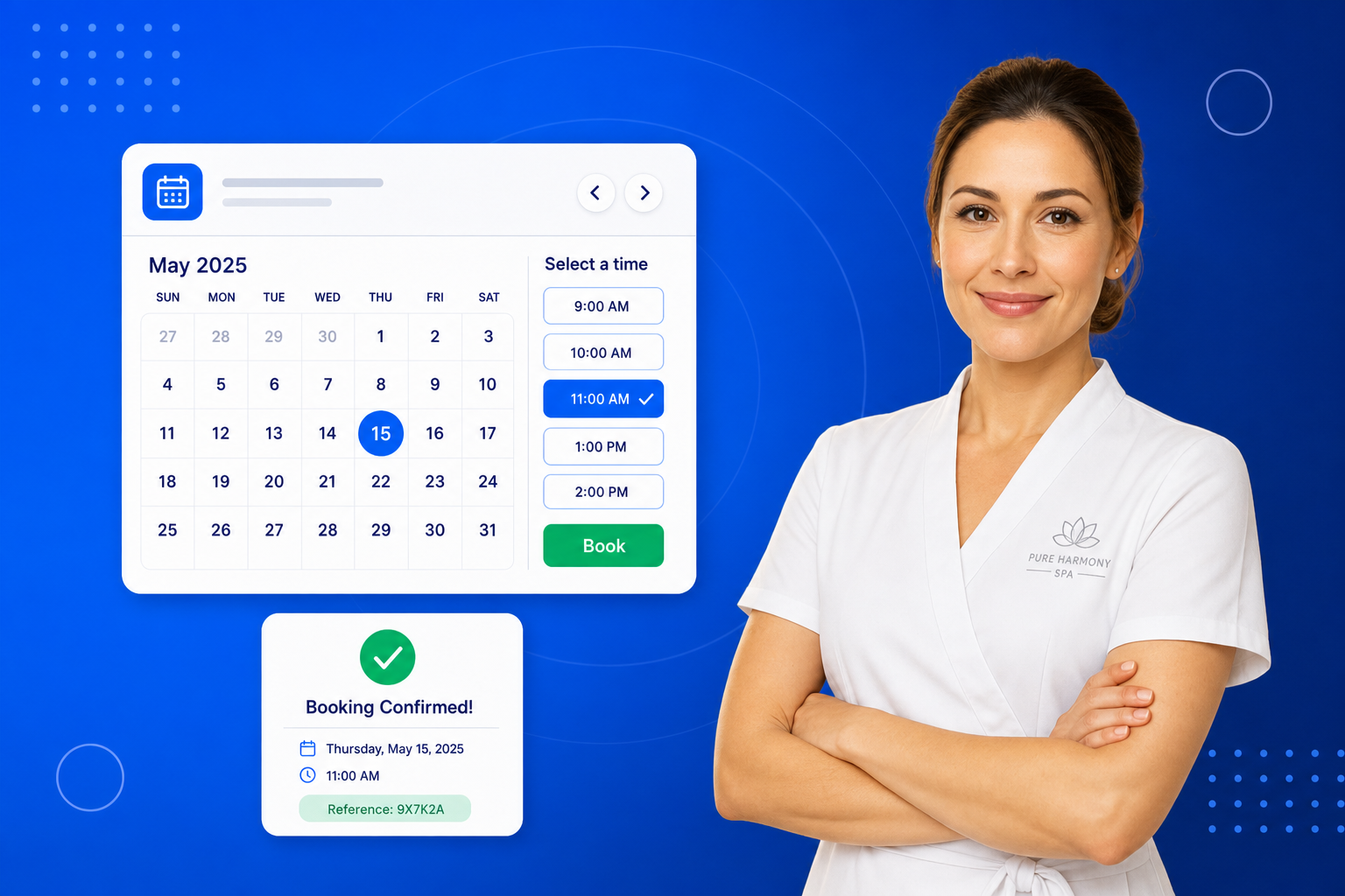 Spa Booking Software shown on a phone with a calendar, available time slots and a confirmed booking